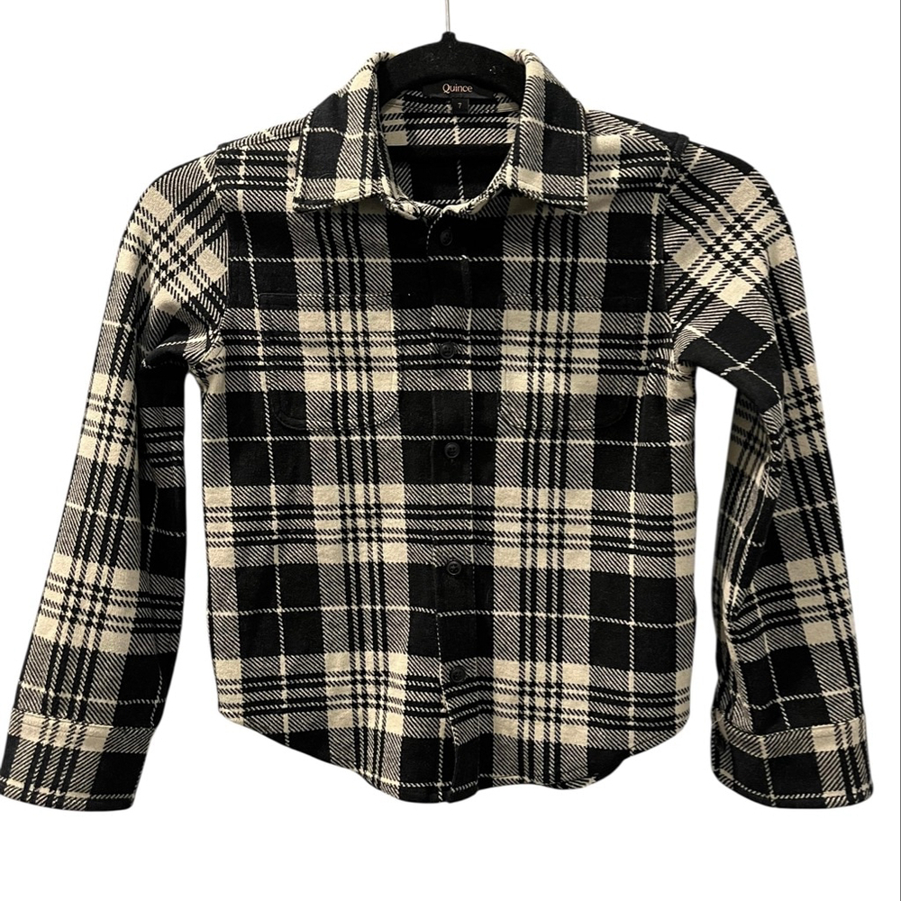 Quince Kids Size 7 Buffalo Fleece Stretch Button Down Sweater Shirt Black Casual
